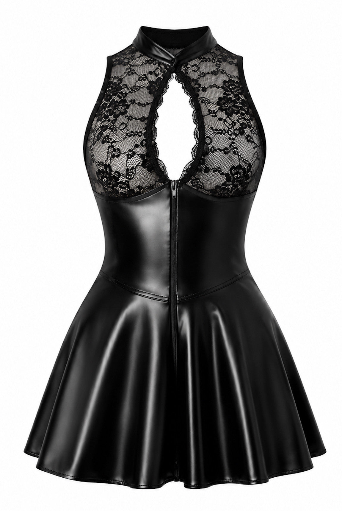 Spitzen Minikleid Damen Schwarz mit Wetlook-Rock – Noir Handmade, Vorderansicht ohne Model