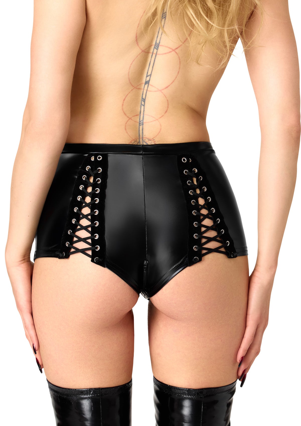 Wetlook Shorts Damen Schwarz mit Schnürung – Noir Handmade, Rückansicht