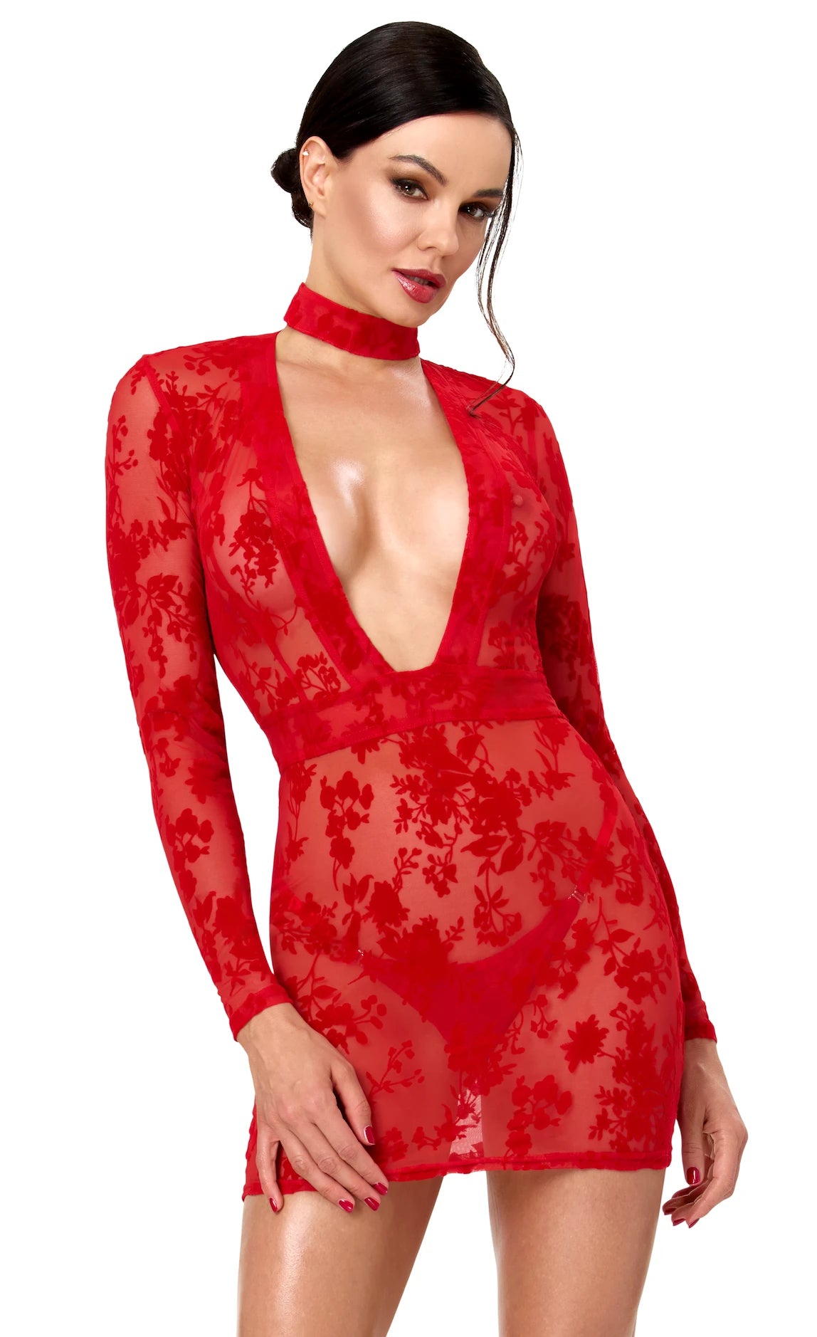 Tüll Minikleid Damen Rot mit tiefem V-Ausschnitt – Noir Handmade, Vorderansicht