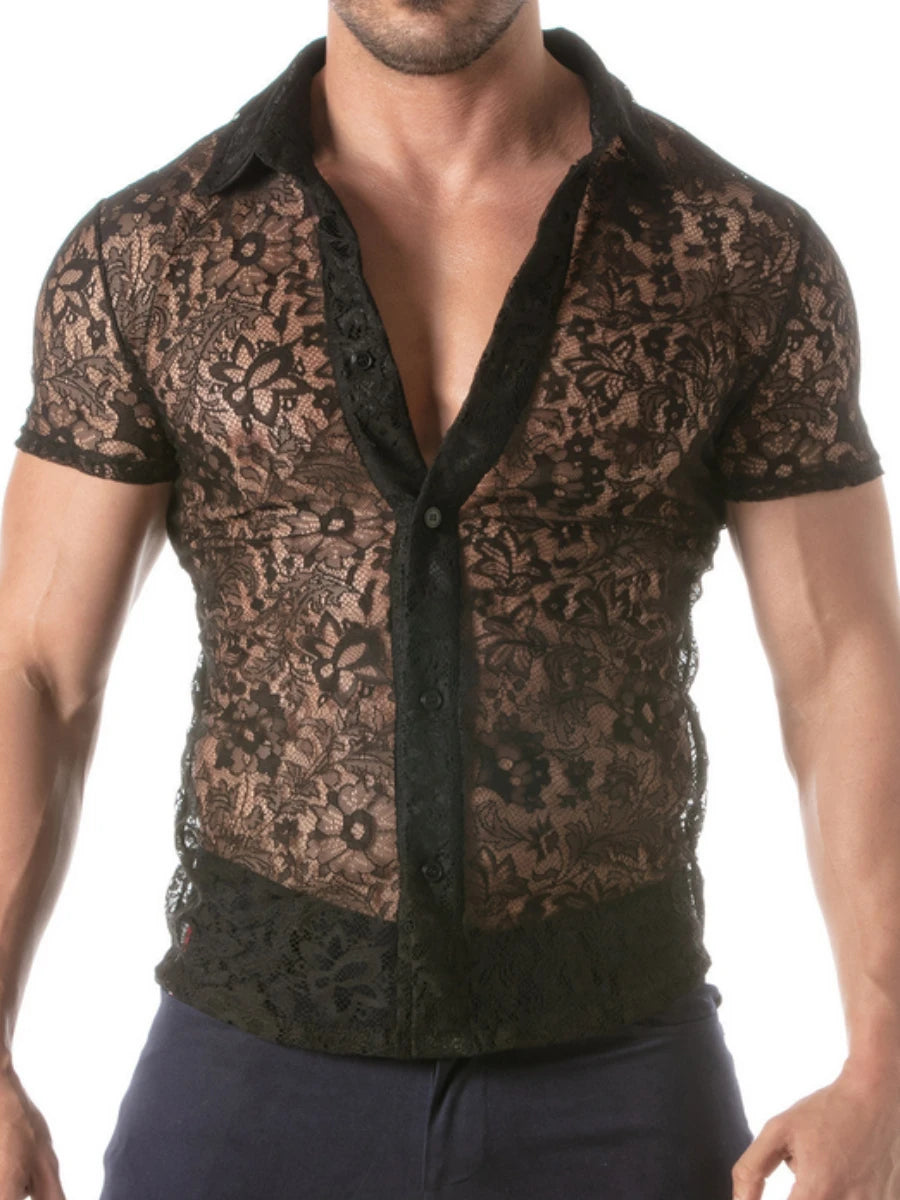 Kurzarmhemd aus Spitze Schwarz – TOF Paris