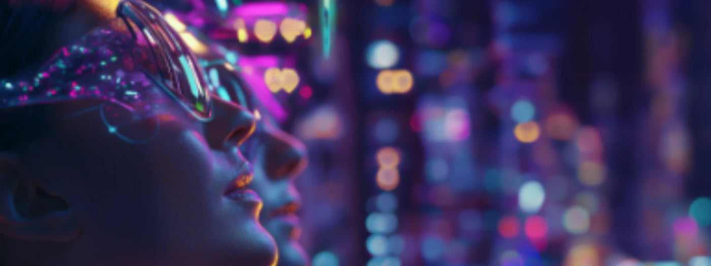 Frau in Neonlicht mit Club- und Pride-Atmosphäre – ideal für Street Parade, Festivals und CSD-Outfits“