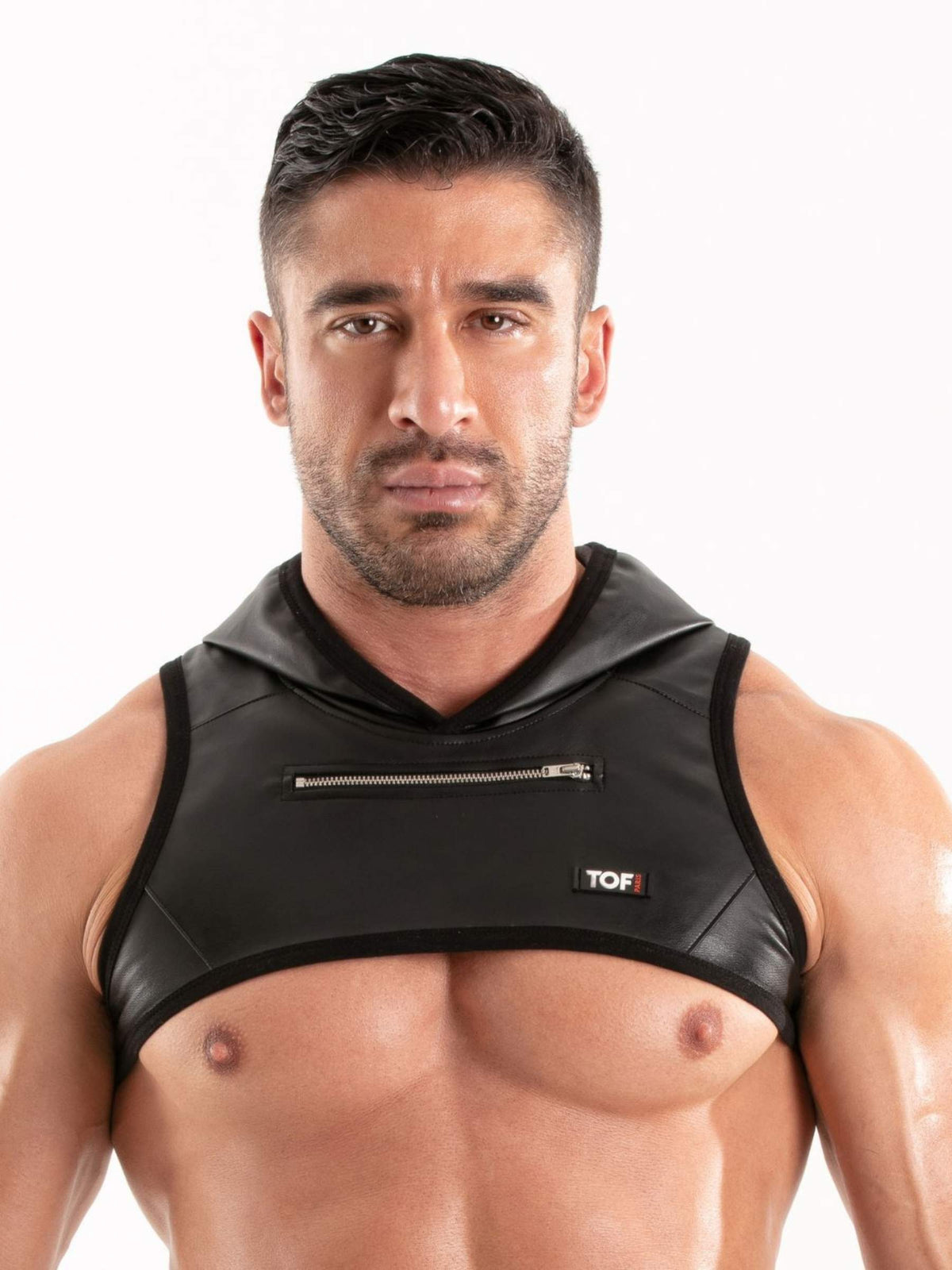 Kunstleder Herren Harness mit Kapuze Schwarz – TOF Paris