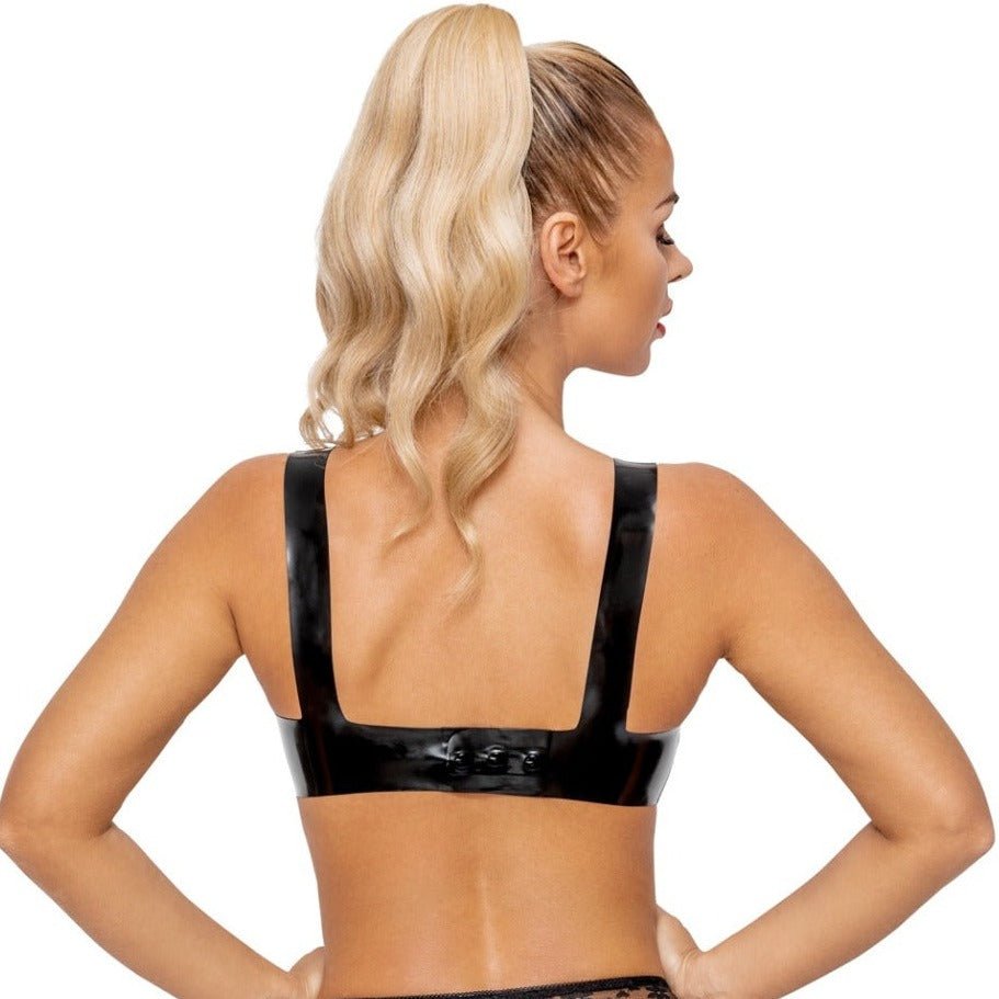 Late X Latex-Bustier Schwarz Rückansicht verstellbarer Druckknopfverschluss