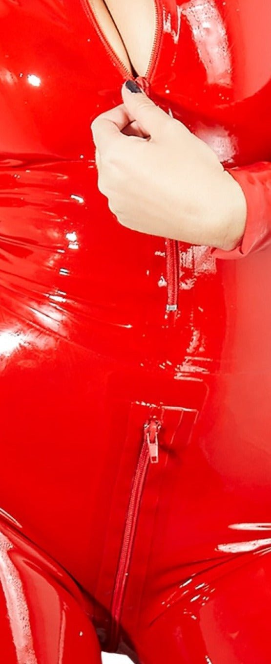 Late X Latex-Catsuit Rot Detail Reissverschluss und glänzende Oberfläche