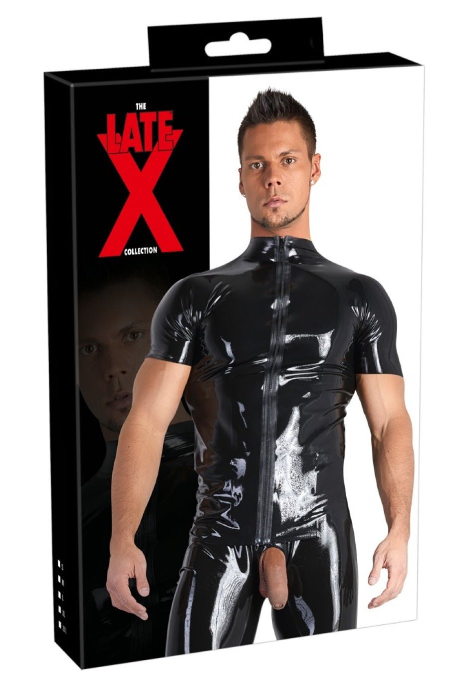 Latex Shirt mit Zip von Late X – Vorderansicht mit Reissverschluss Verpackung