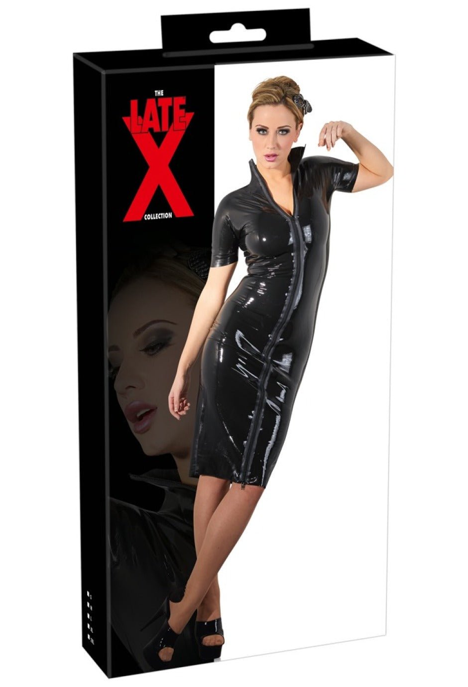 Late X Latex-Midi-Kleid Schwarz Vorderansicht mit 2-Wege-Reissverschluss - Verpackung