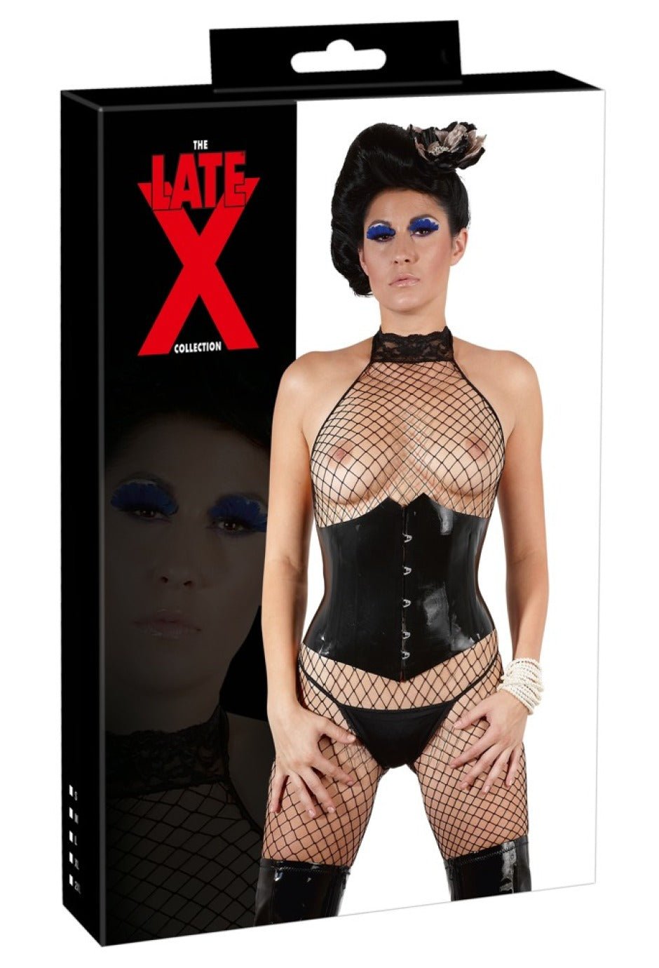 Late X Latex-Mieder Schwarz Vorderansicht mit Schnellverschluss Verpackung