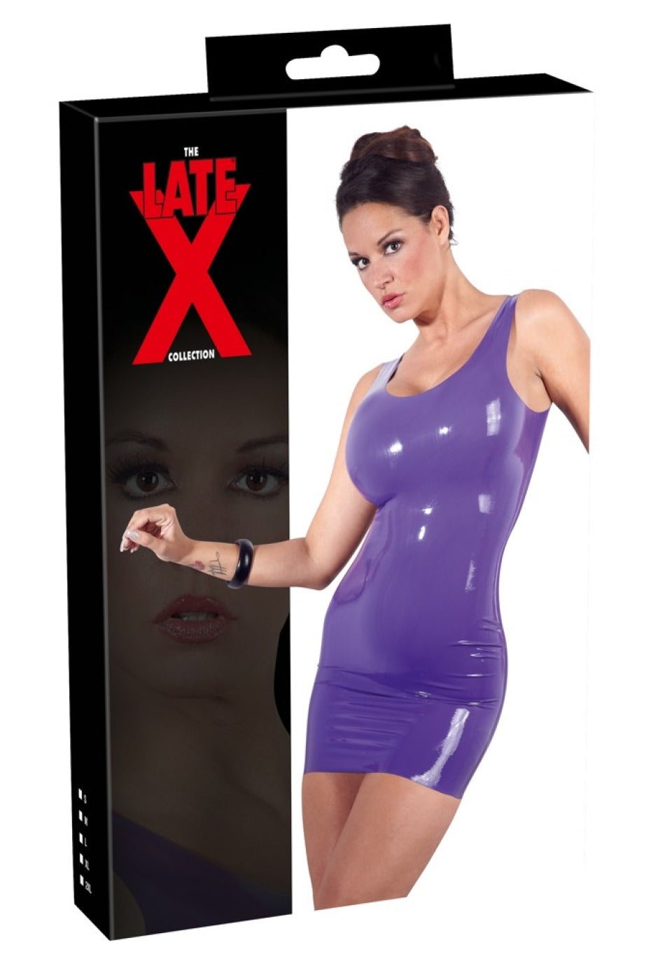 Late X Latex-Minikleid Lila Vorderansicht Verpackung