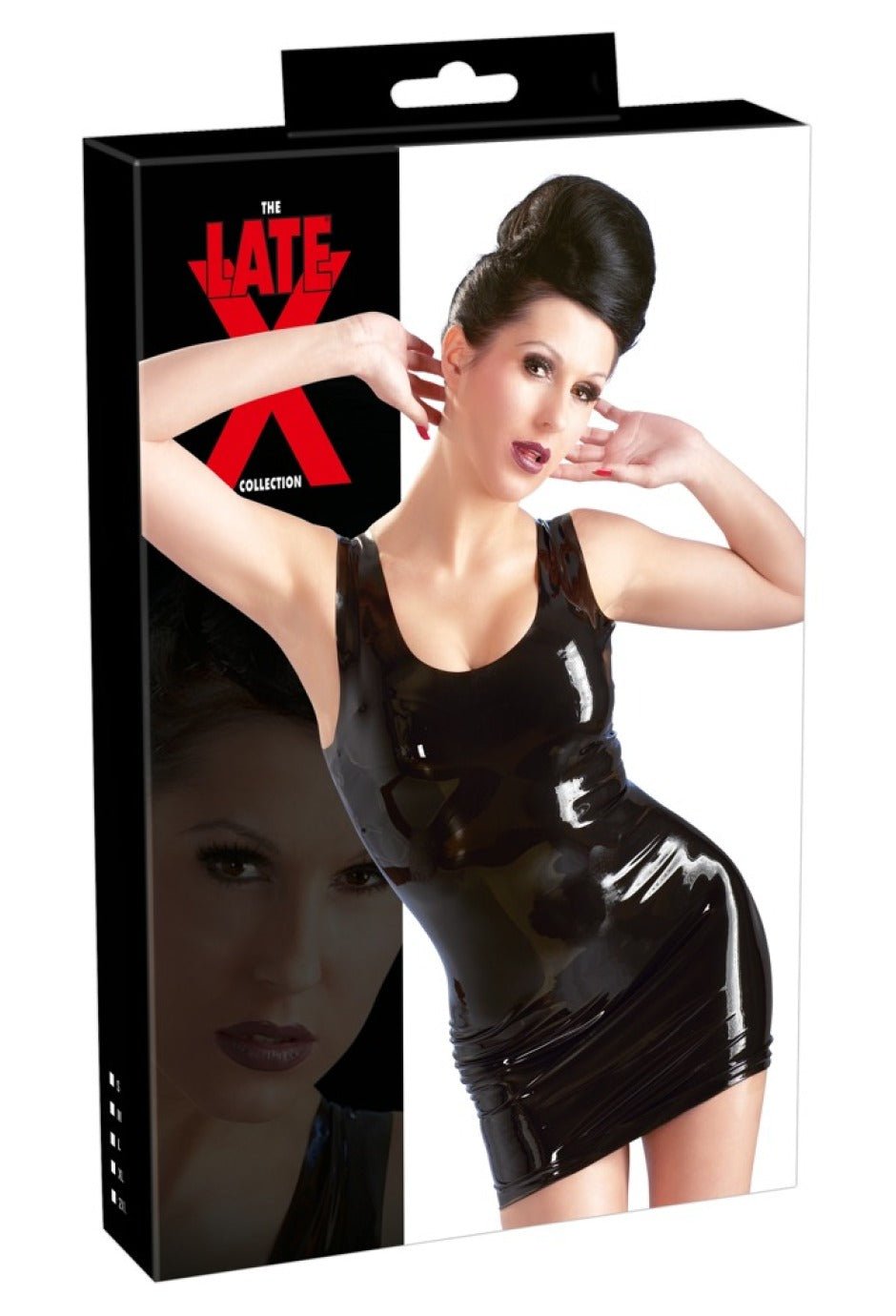 Latex Minikleid schwarz von Late X – Vorderansicht mit Verpackung