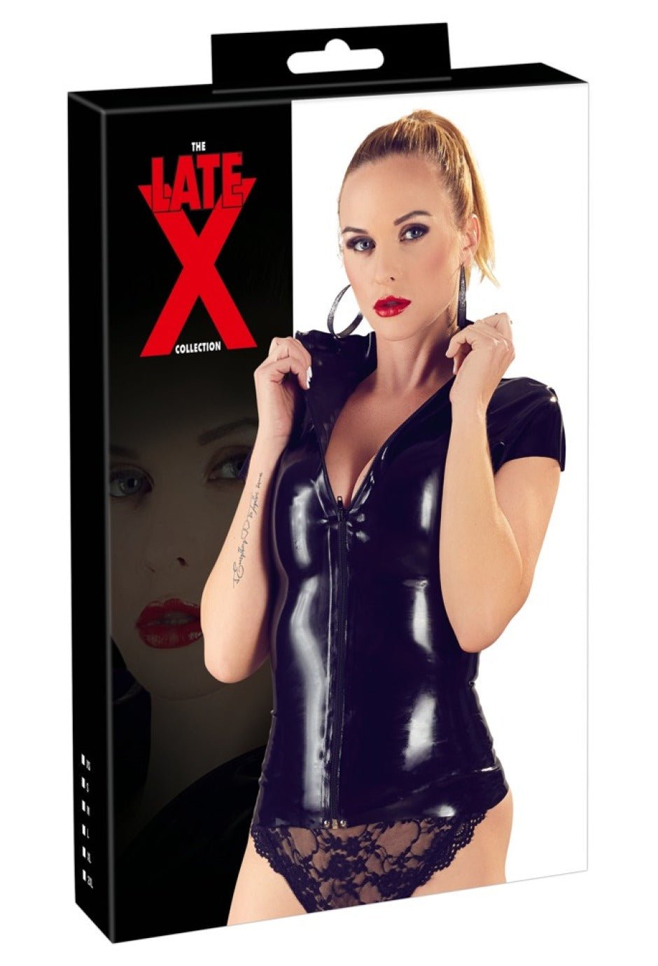 Latex Shirt schwarz mit Zip von Late X – Vorderansicht Verpackung