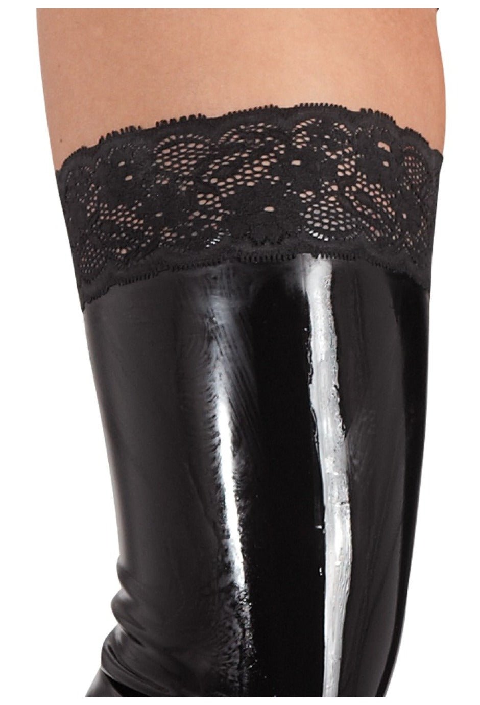 Latex Strümpfe mit Spitze von Late X – Detail glänzende Oberfläche und Spitzenabschluss