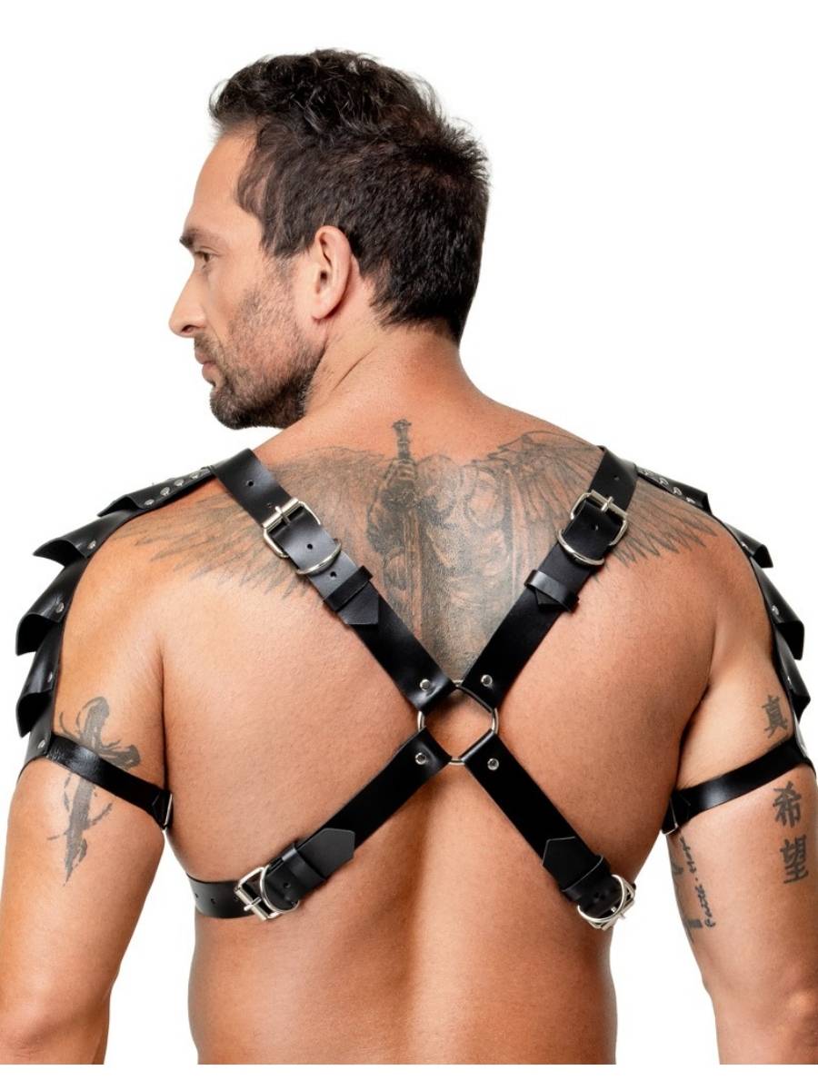 Leder Harness mit Schulterpanzern Schwarz Herren Rückenansicht – ZADO