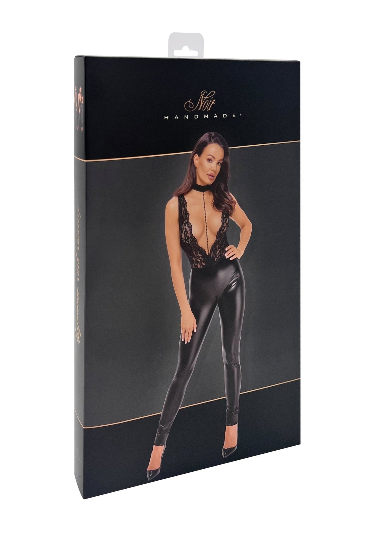 Noir Handmade F298 Catsuit mit Kragen und Perlenkette - Hinreissend
