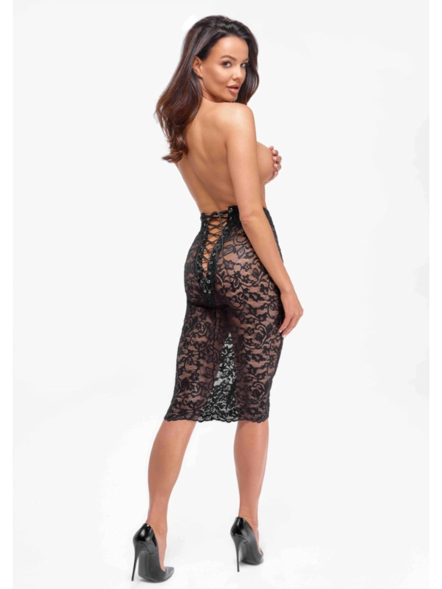 Noir Handmade Midirock F302 Rückenansicht – verführerische Schnürung in elastischer Spitze