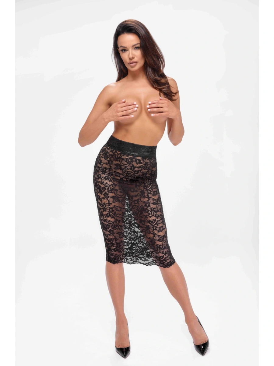 Noir Handmade Midirock F302 Vorderansicht – transparenter Spitzenrock mit Schnürung hinten