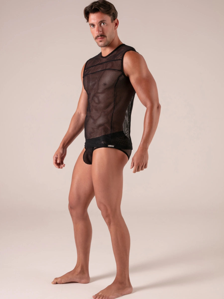 Absolu Male TOF Paris – Seduction Tank Top – Absolu Male – Seitenansicht – sexy maskuliner Herrenlook in Schwarz