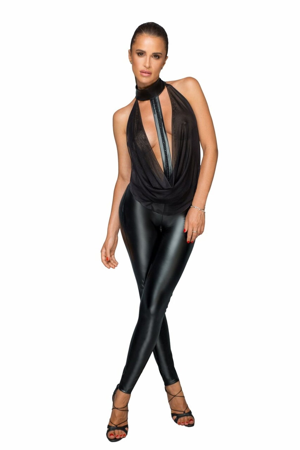 Wetlook Catsuit mit Tüll F223 – Noir Handmade - Hinreissend