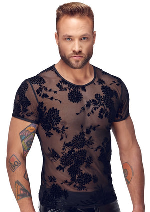 Shirt aus feinem Powernet mit floraler Samtflockprint - Noir Handmade