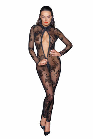 Noir Handmade Langarm Tüll Catsuit mit 3-Wege Zipper - F237