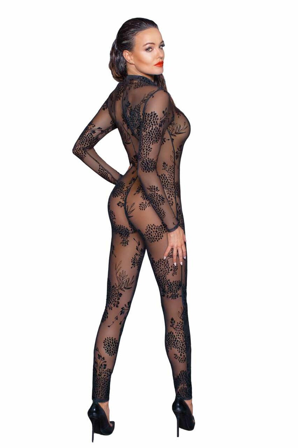Noir Handmade Langarm Tüll Catsuit mit 3-Wege Zipper - F237