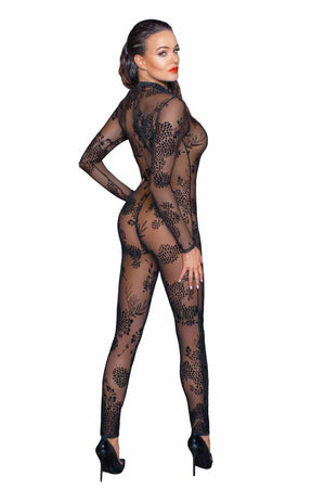 Noir Handmade Langarm Tüll Catsuit mit 3-Wege Zipper - F237