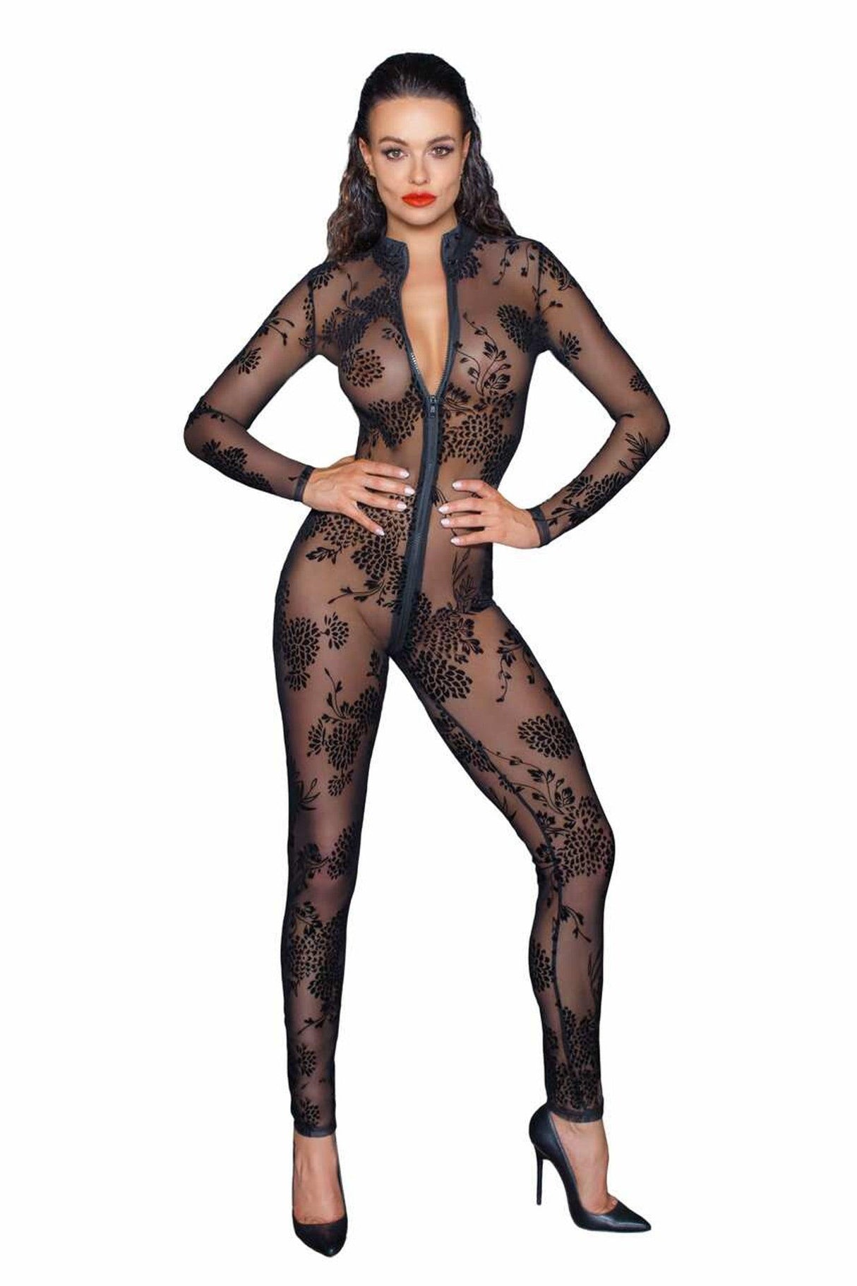 Noir Handmade Langarm Tüll Catsuit mit 3-Wege Zipper - F237