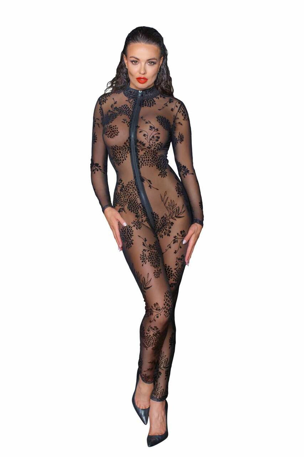 Noir Handmade Langarm Tüll Catsuit mit 3-Wege Zipper - F237