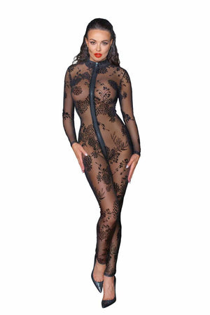 Noir Handmade Langarm Tüll Catsuit mit 3-Wege Zipper - F237