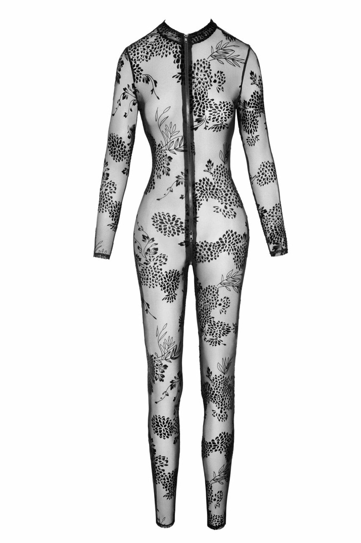 Noir Handmade Langarm Tüll Catsuit mit 3-Wege Zipper - F237