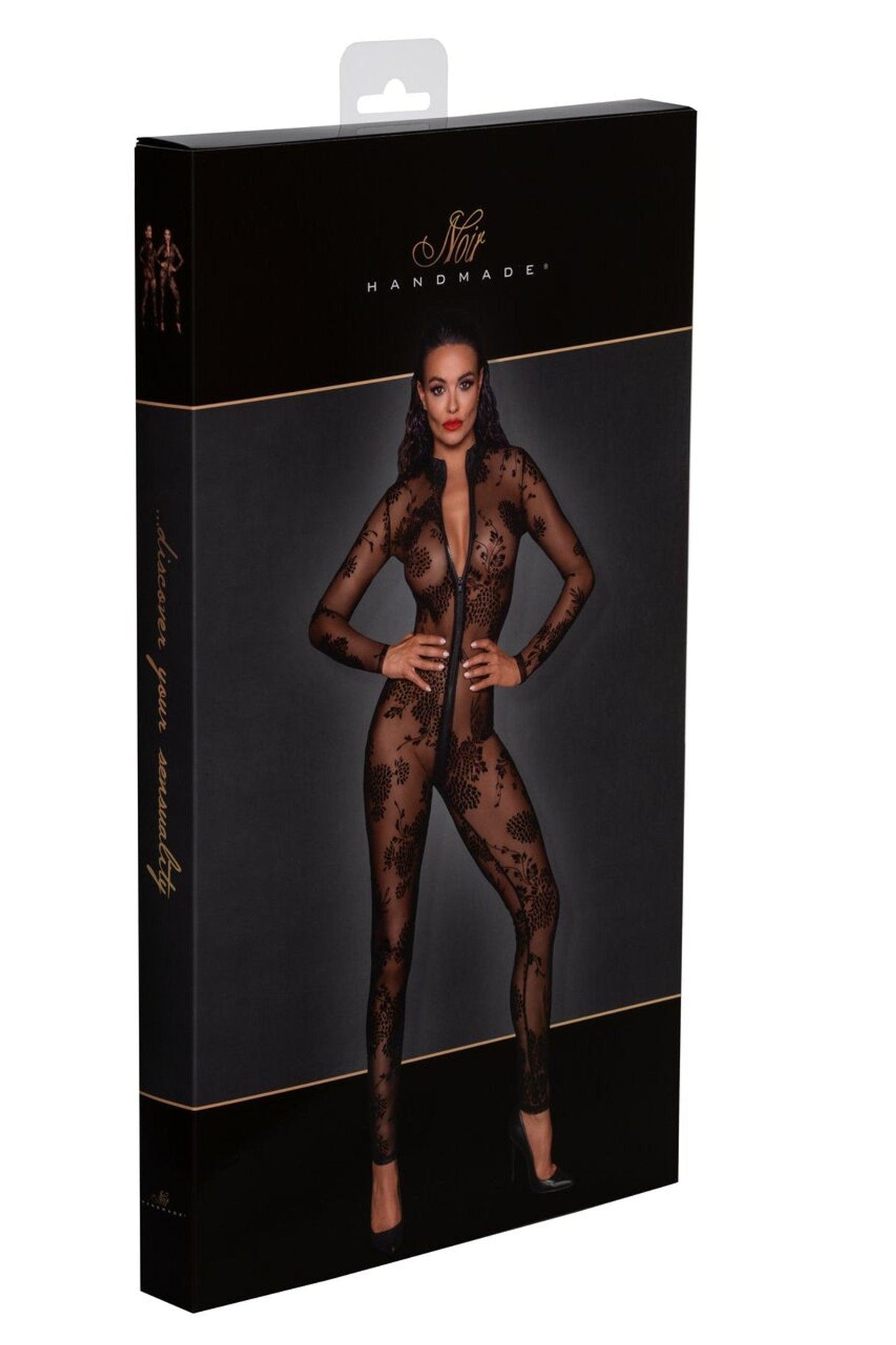 Noir Handmade Langarm Tüll Catsuit mit 3-Wege Zipper - F237