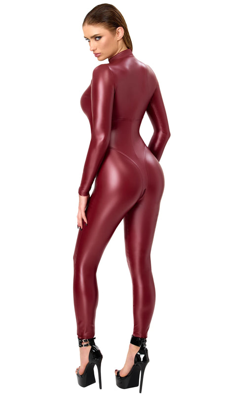 Wetlook Catsuit Damen Bordeaux mit 3-Wege-Zip – Noir Handmade, Rückansicht