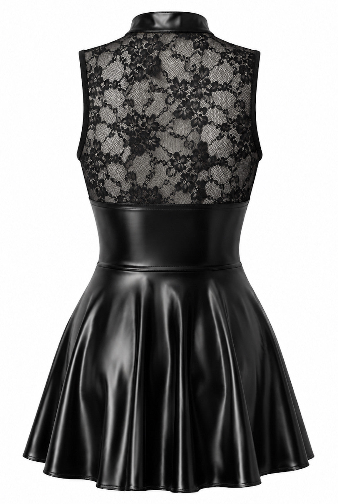 Spitzen Minikleid Damen Schwarz mit Wetlook-Rock – Noir Handmade, Rückansicht ohne Model