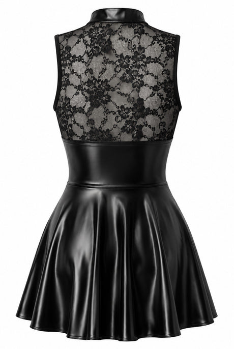 Spitzen Minikleid Damen Schwarz mit Wetlook-Rock – Noir Handmade, Rückansicht ohne Model