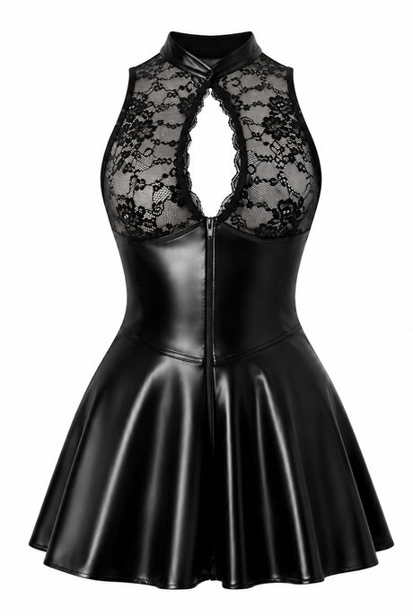 Spitzen Minikleid Damen Schwarz mit Wetlook-Rock – Noir Handmade, Vorderansicht ohne Model