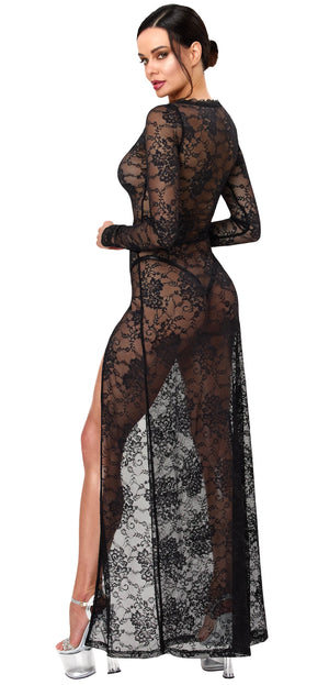 Spitzen Maxikleid Damen Schwarz mit Beinschlitz – Noir Handmade, Rückansicht