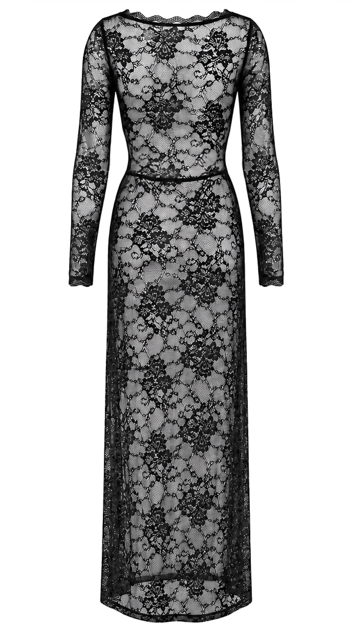 Spitzen Maxikleid Damen Schwarz mit Beinschlitz – Noir Handmade, Rückansicht ohne Model