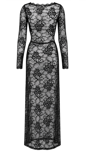 Spitzen Maxikleid Damen Schwarz mit Beinschlitz – Noir Handmade, Rückansicht ohne Model