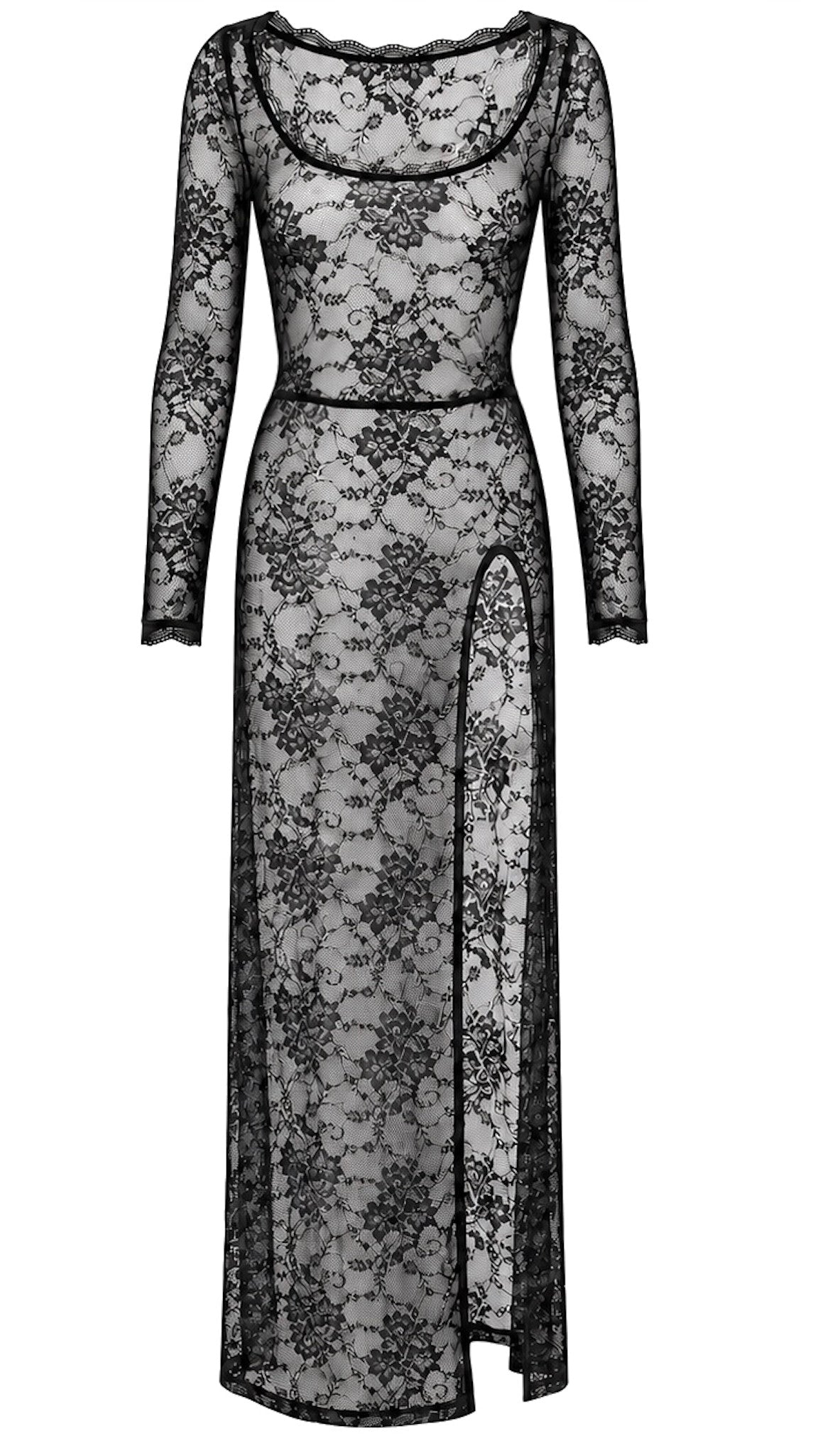 Spitzen Maxikleid Damen Schwarz mit Beinschlitz – Noir Handmade, Vorderansicht ohne Model