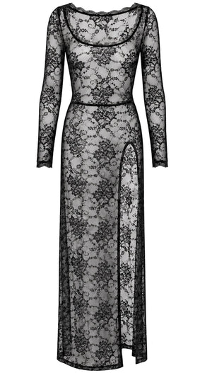Spitzen Maxikleid Damen Schwarz mit Beinschlitz – Noir Handmade, Vorderansicht ohne Model