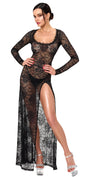 Spitzen Maxikleid Damen Schwarz mit Beinschlitz – Noir Handmade, Vorderansicht