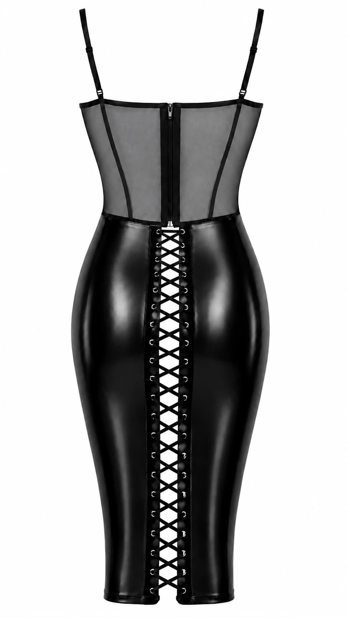 Wetlook Midikleid Damen Schwarz mit Schnürung – Noir Handmade, Rückansicht ohne Model