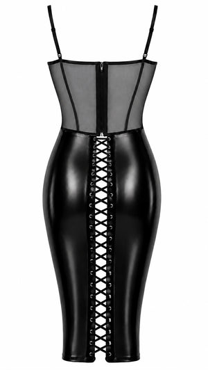 Wetlook Midikleid Damen Schwarz mit Schnürung – Noir Handmade, Rückansicht ohne Model
