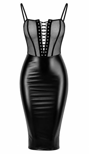 Wetlook Midikleid Damen Schwarz mit Schnürung – Noir Handmade, Vorderansicht ohne Model
