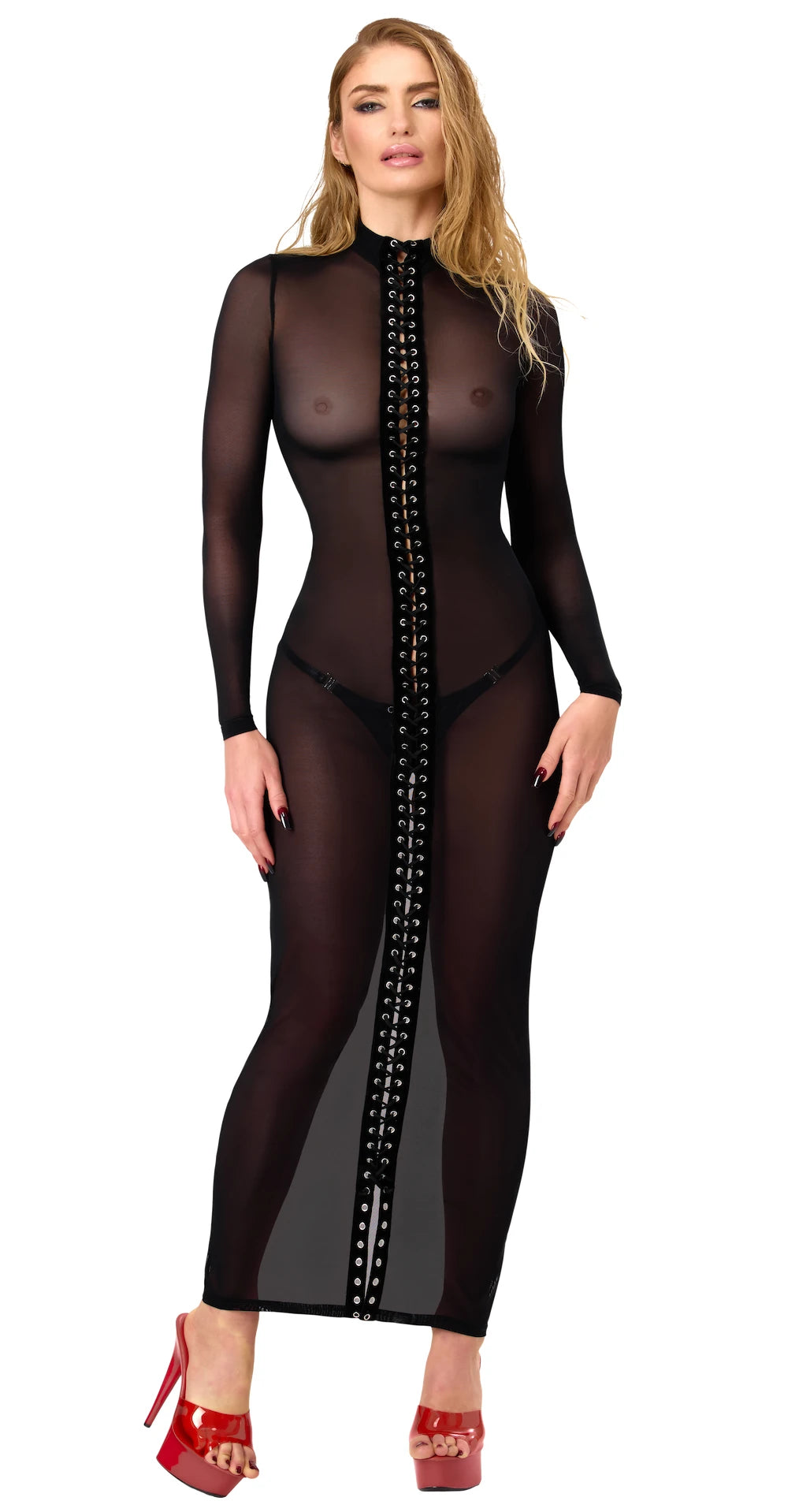 Tüll Maxikleid Damen Schwarz mit Schnürung – Noir Handmade, Vorderansicht