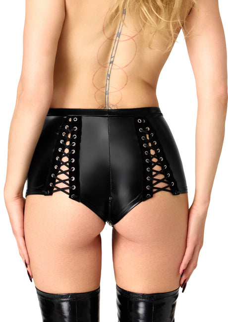 Wetlook Shorts Damen Schwarz mit Schnürung – Noir Handmade, Rückansicht
