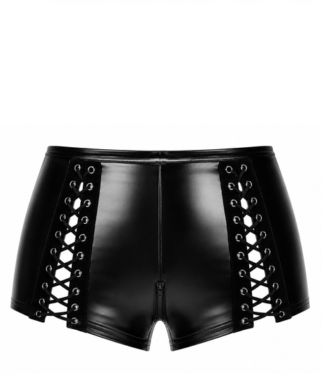 Wetlook Shorts Damen Schwarz mit Schnürung – Noir Handmade, Rückansicht ohne Model