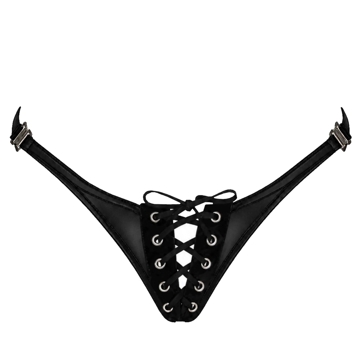 Wetlook String Damen Schwarz mit Schnürung – Noir Handmade, Vorderansicht ohne Model