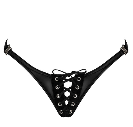 Wetlook String Damen Schwarz mit Schnürung – Noir Handmade, Vorderansicht ohne Model