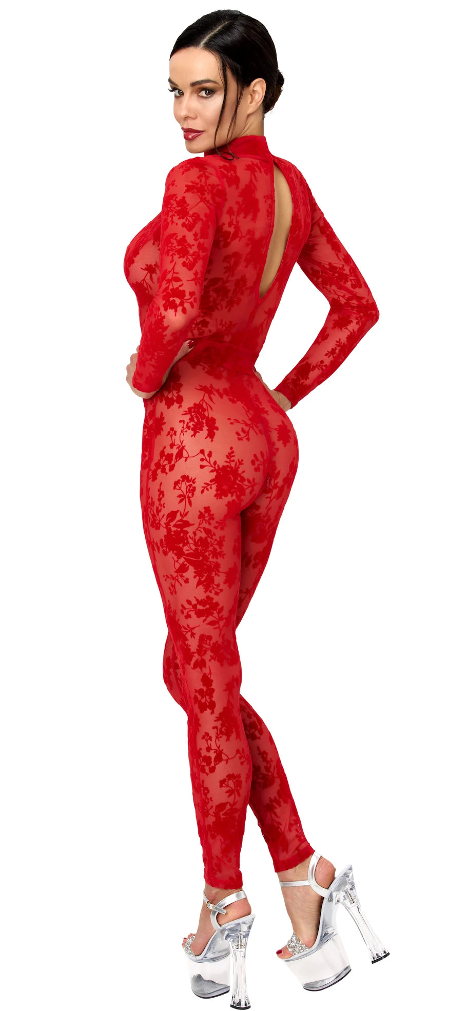 Tüll Catsuit Damen Rot mit tiefem V-Ausschnitt – Noir Handmade, Rückansicht