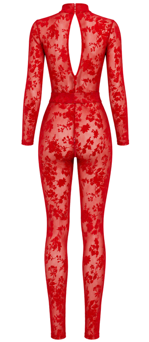 Tüll Catsuit Damen Rot mit tiefem V-Ausschnitt – Noir Handmade, Rückansicht ohne Model